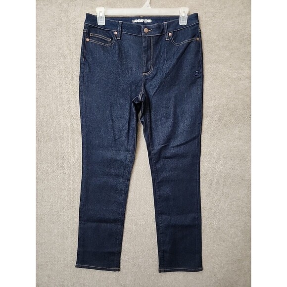 Lands End Recover Straight Leg Jeans Womens 12 Blue Dark Wash Stretch NEW - Picture 1 of 7